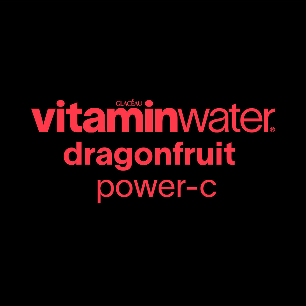 Vitaminwater Power-C Dragonfruit label close-up with bold branding.