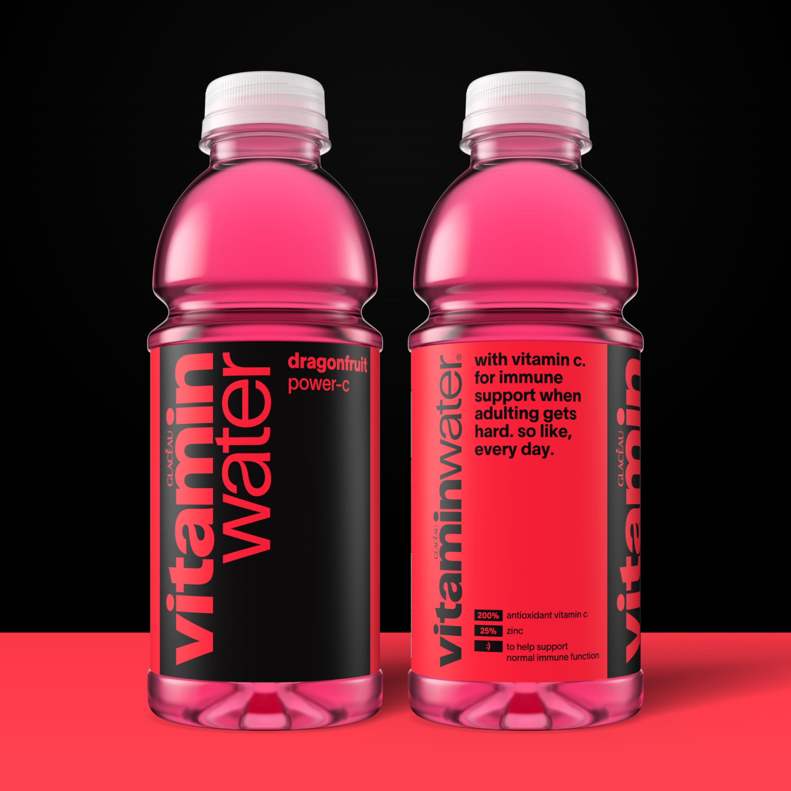 Vitaminwater Power-C Dragonfruit pour capturing refreshing fizz for workouts.