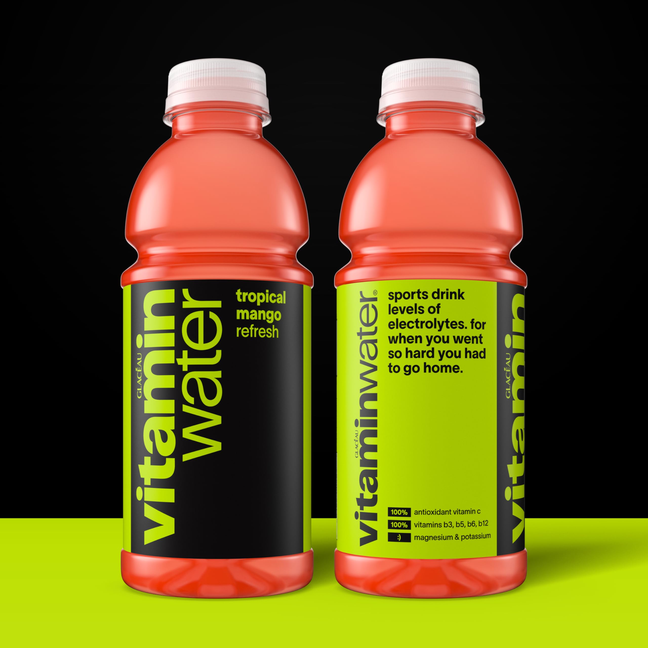 Vitaminwater Refresh Tropical Mango glass shows refreshing flavor moment.