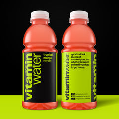 Vitaminwater Refresh Tropical Mango glass shows refreshing flavor moment.