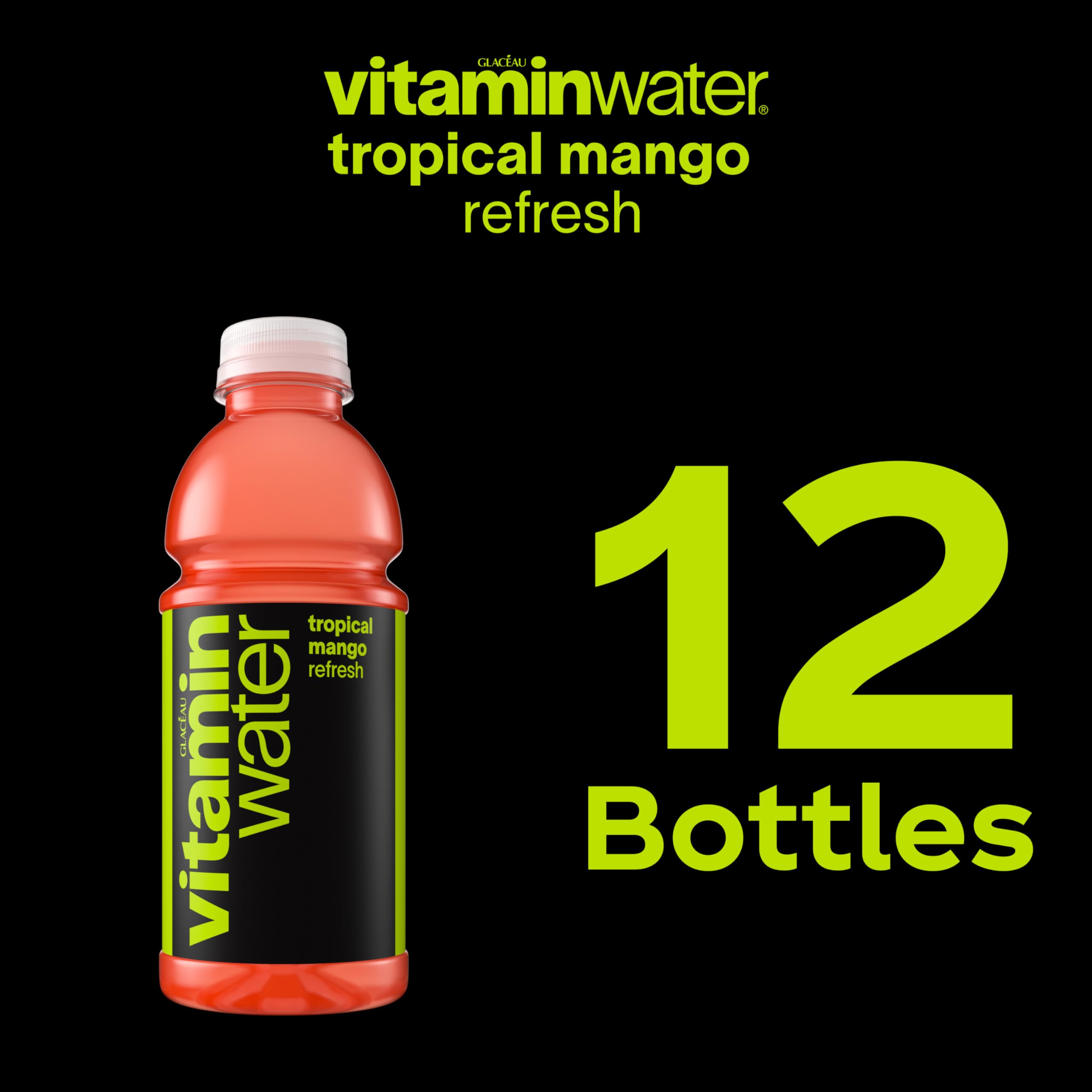 Vitaminwater Refresh Tropical Mango ice-cold bottle on desk.