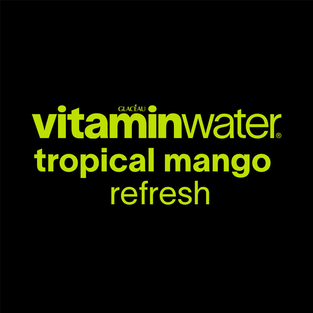 Vitaminwater Refresh Tropical Mango label highlights essential vitamins.