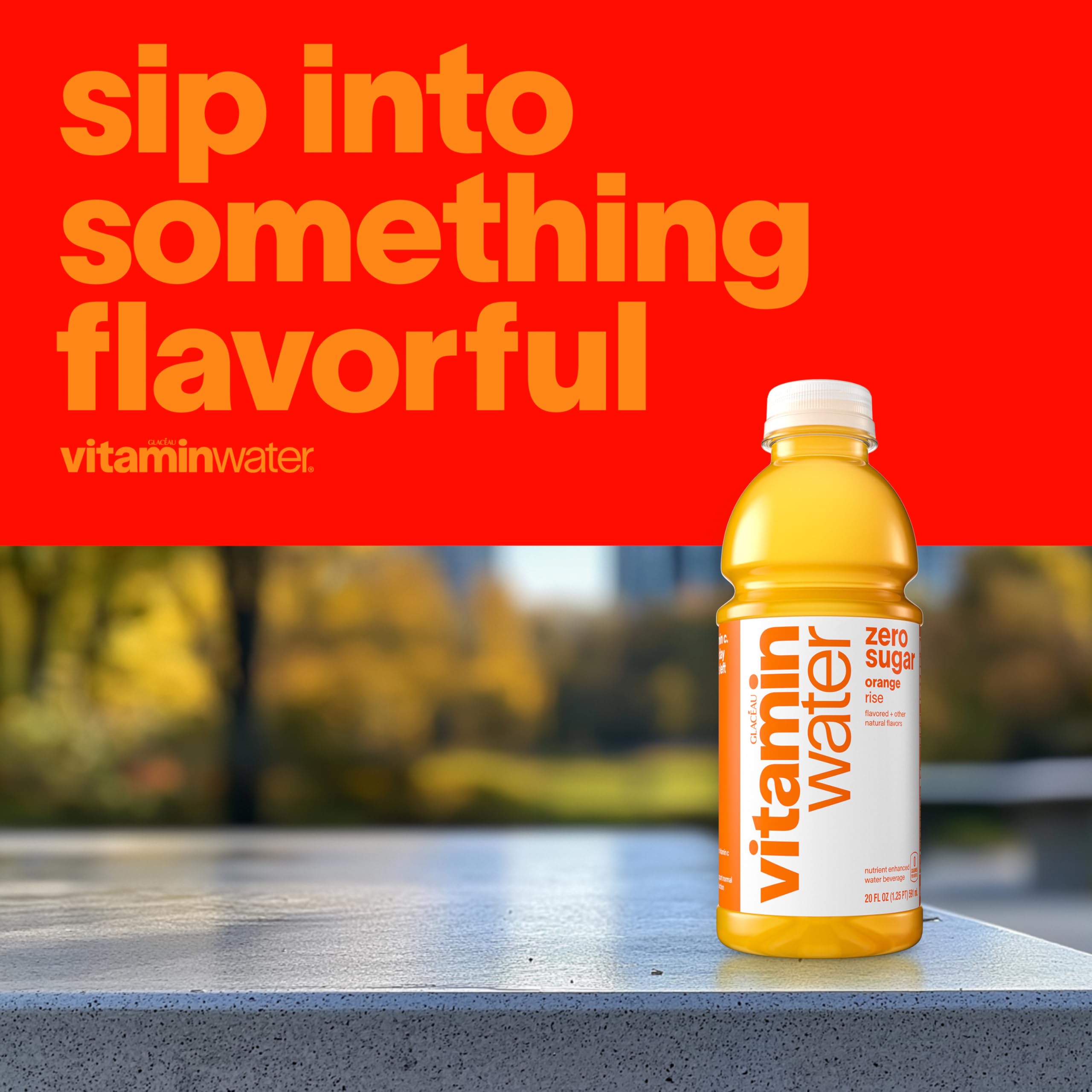 Front view of Vitaminwater Rise Orange bottle highlighting bold orange flavor