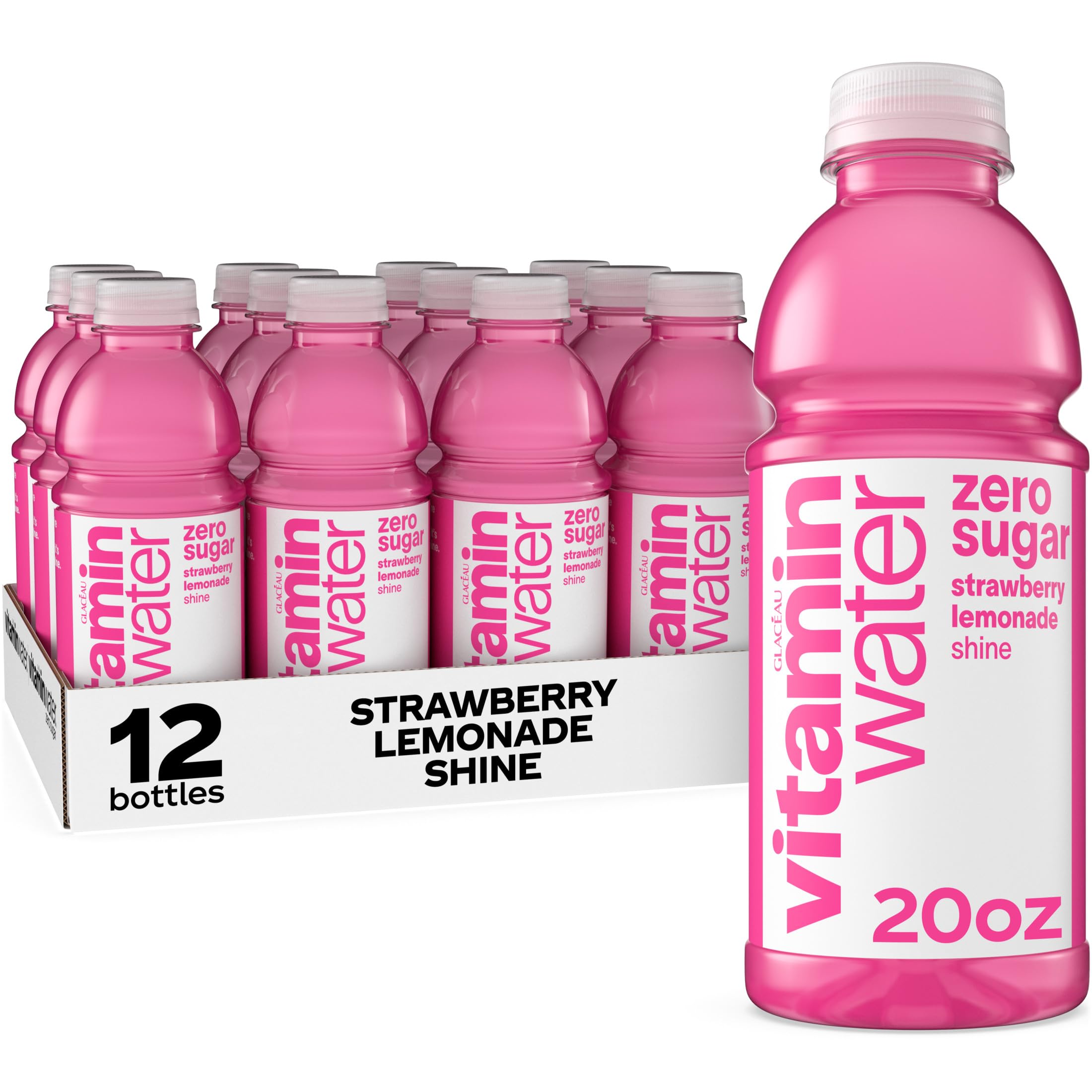 Vitaminwater Shine Strawberry Lemonade Zero Sugar bottle front label showing flavor and zero calories