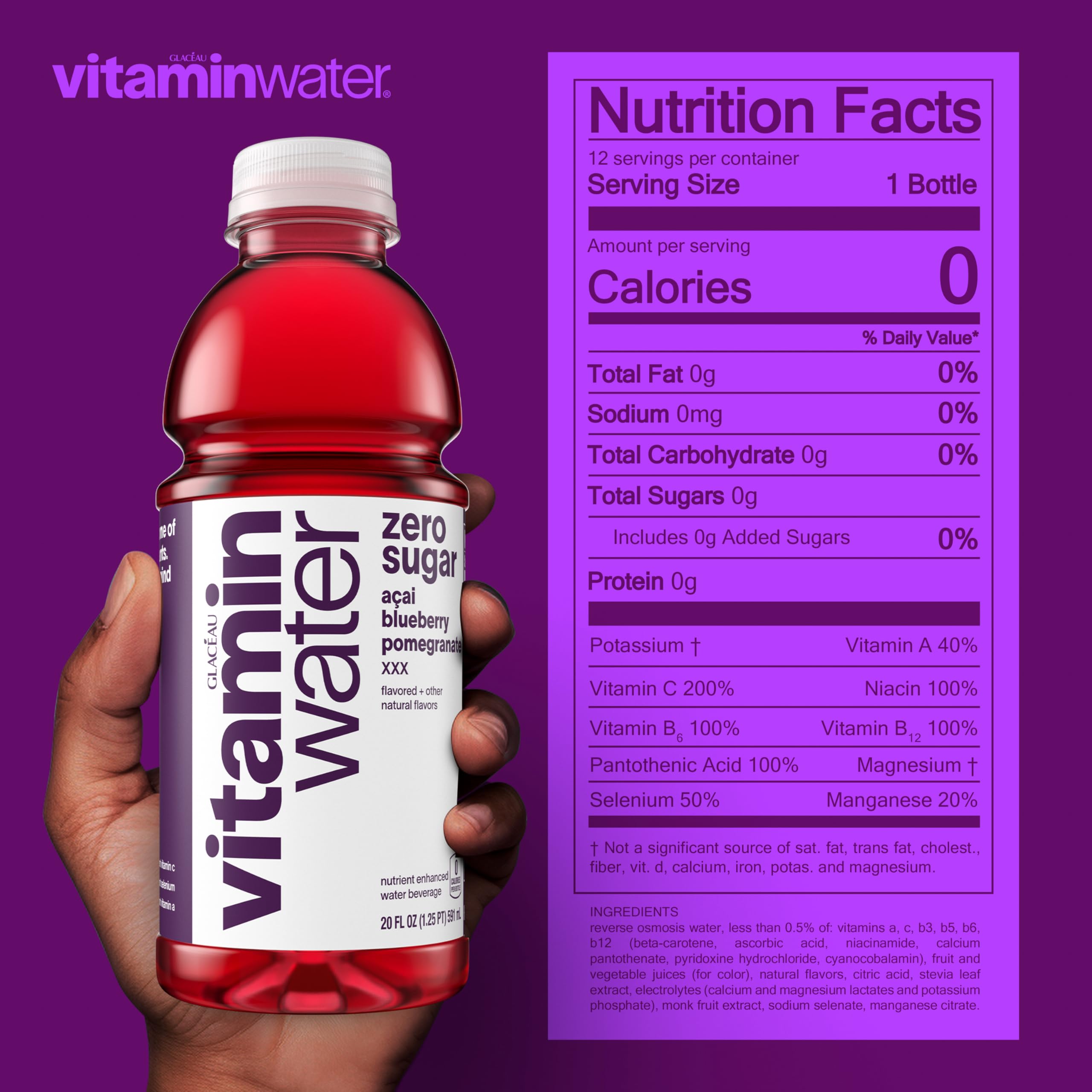 Vitaminwater XXX Acai-Blueberry-Pomegranate bottle closeup highlighting antioxidant-rich blend for daily energy