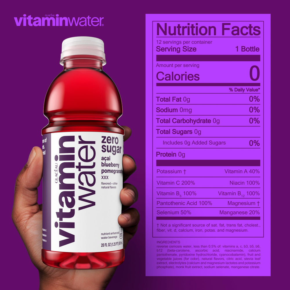 Vitaminwater XXX Acai-Blueberry-Pomegranate bottle closeup highlighting antioxidant-rich blend for daily energy