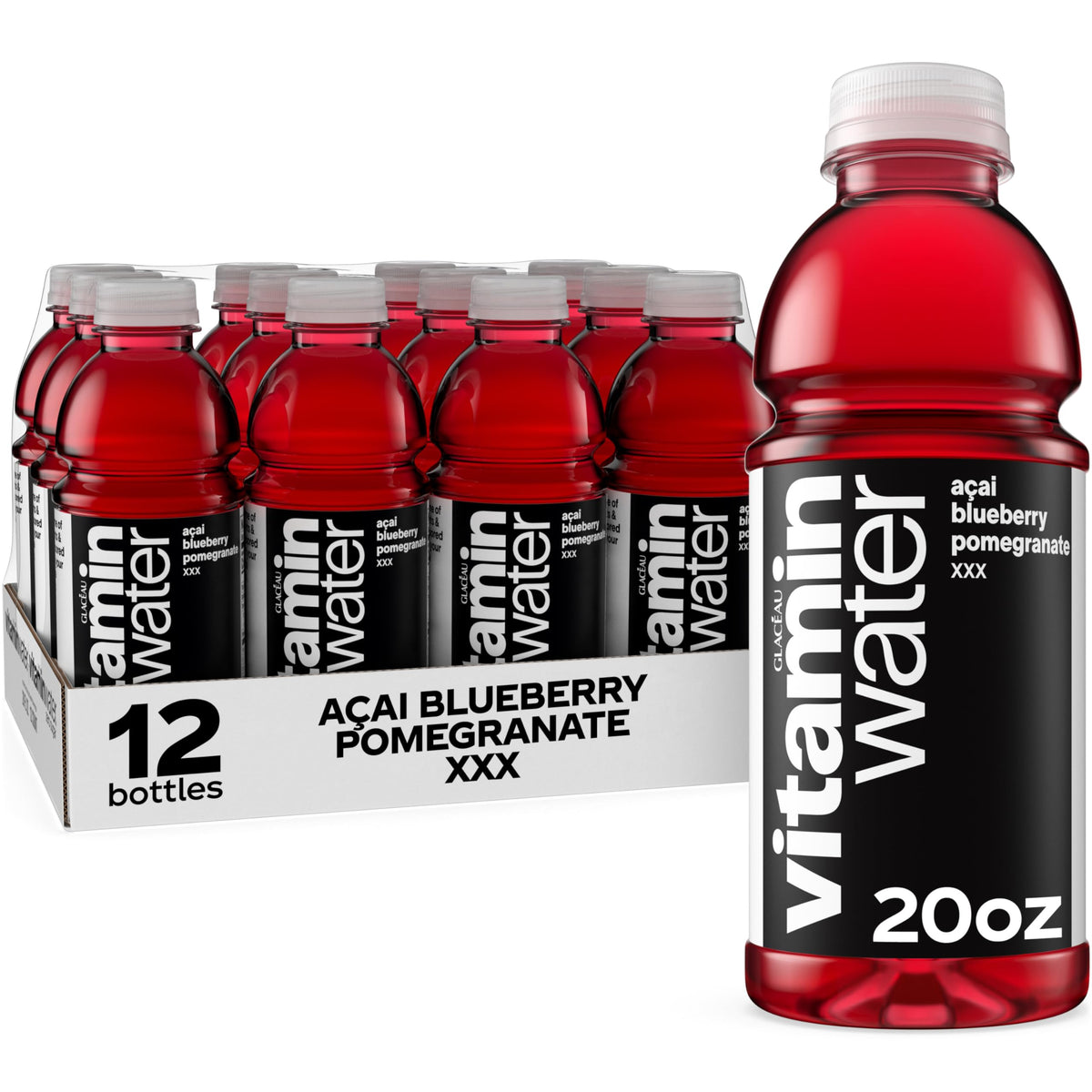 Vitaminwater XXX Acai Blueberry Pomegranate bottle on desk for refreshing hydration.