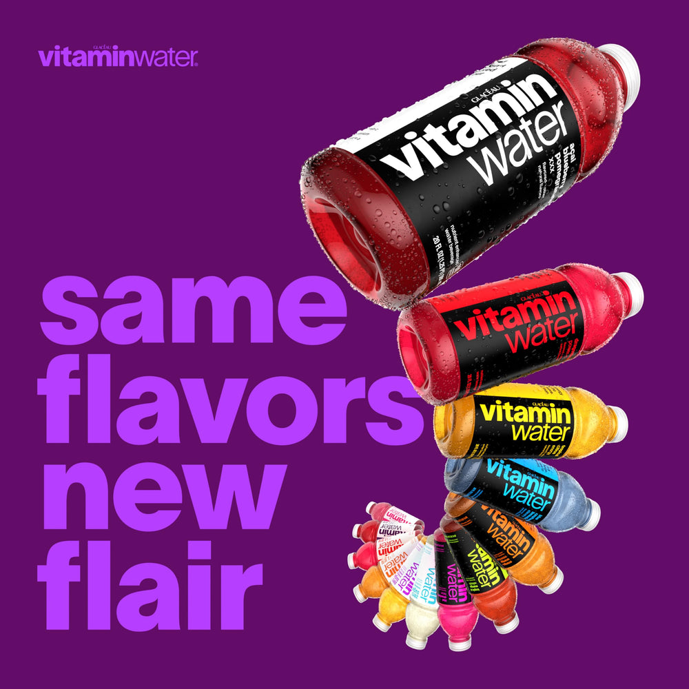Vitaminwater XXX Acai-Blueberry-Pomegranate ice-cold glass showing refreshing mood boost