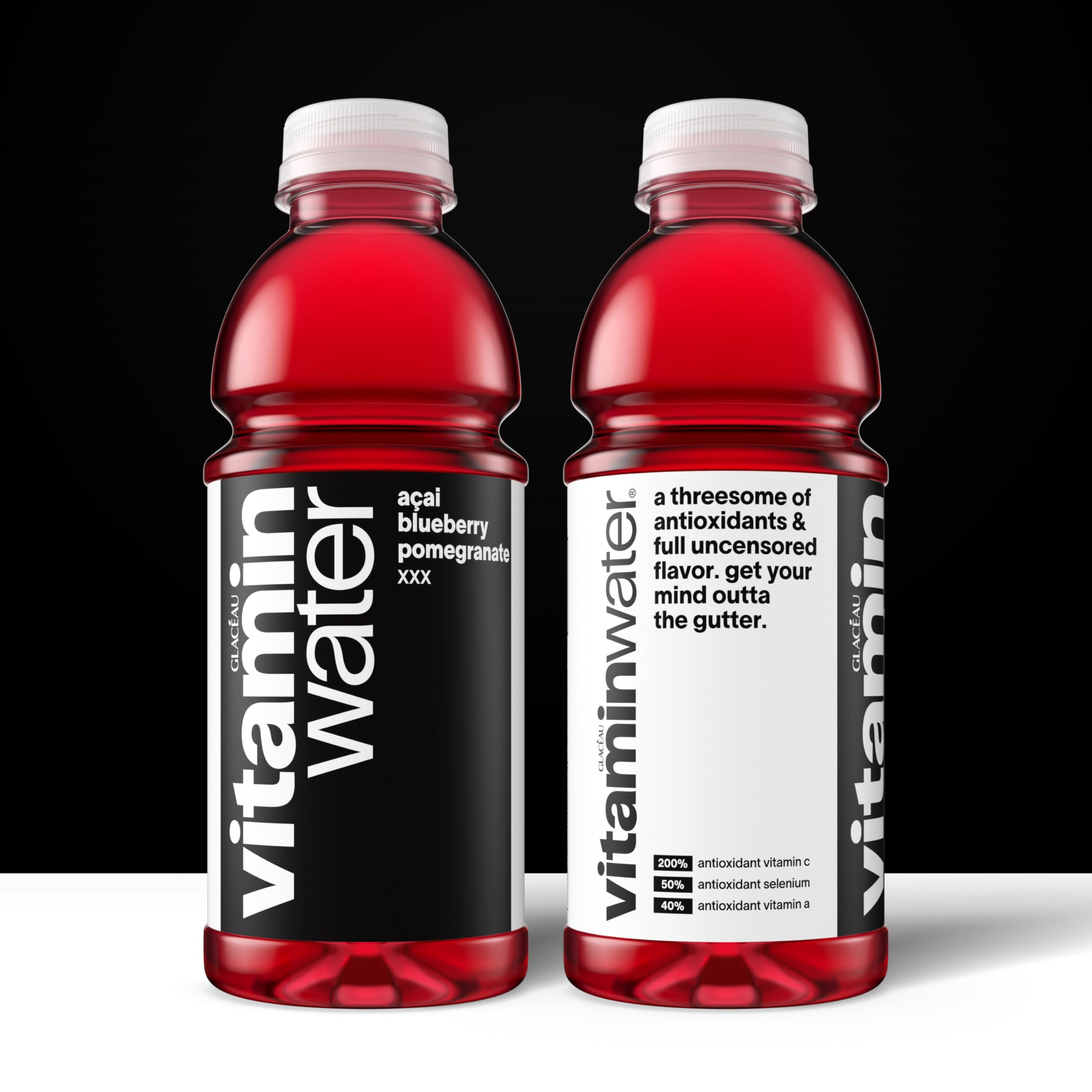 Close-up of Vitaminwater XXX Acai Blueberry Pomegranate label highlighting vitamins A and C plus selenium.