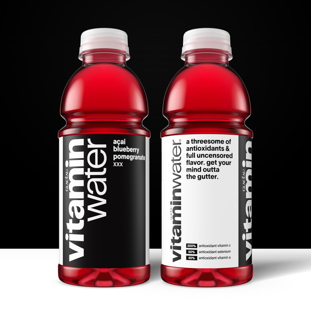 Close-up of Vitaminwater XXX Acai Blueberry Pomegranate label highlighting vitamins A and C plus selenium.