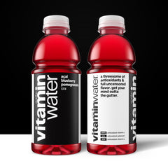 Close-up of Vitaminwater XXX Acai Blueberry Pomegranate label highlighting vitamins A and C plus selenium.