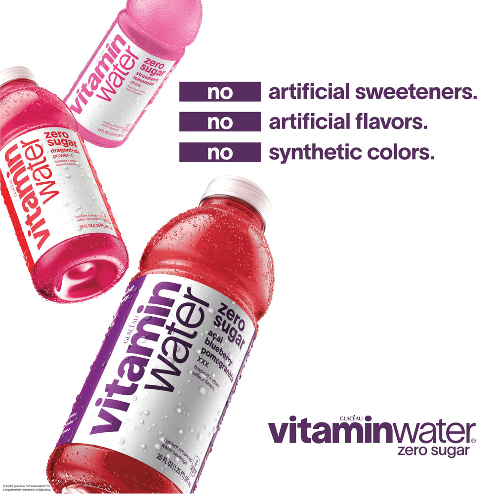 Back of Vitaminwater bottle highlighting zero sugar and vitamins