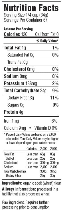VitaSpelt label close-up on 5 lb bag, highlighting organic status.