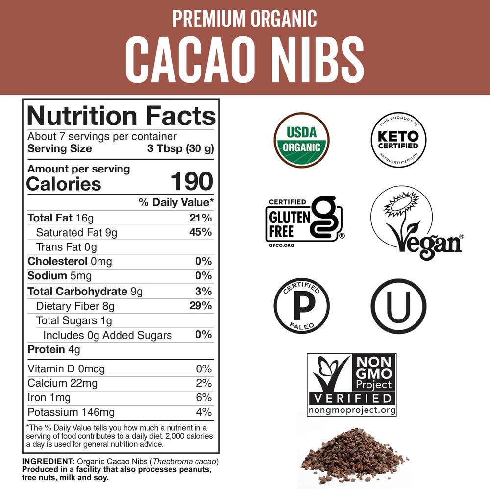 Close-up of Viva Naturals cacao nibs texture showing crunchy bits
