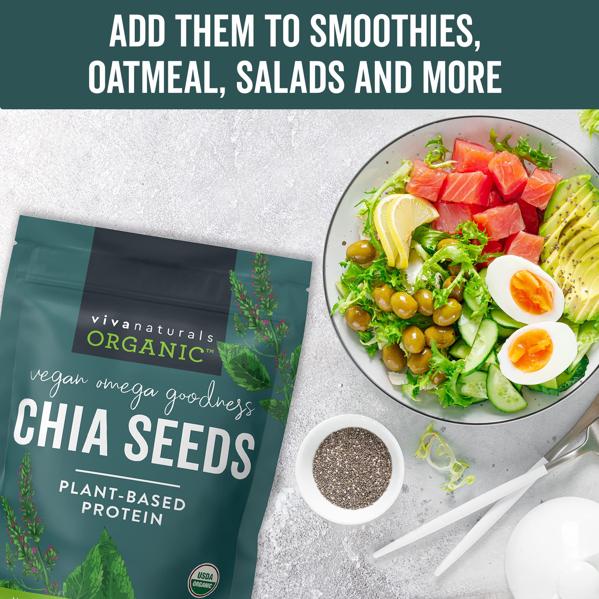 Viva Naturals chia seeds sprinkled over a fresh salad for crunch.