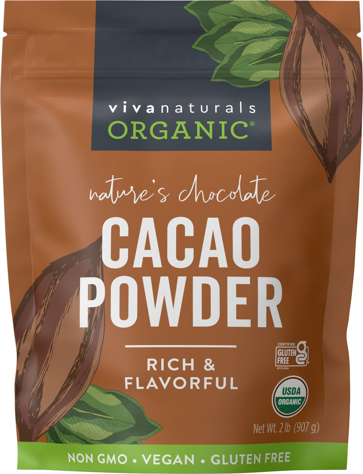 Viva Naturals Organic Cacao Powder 2lb pack for rich baking and smoothies