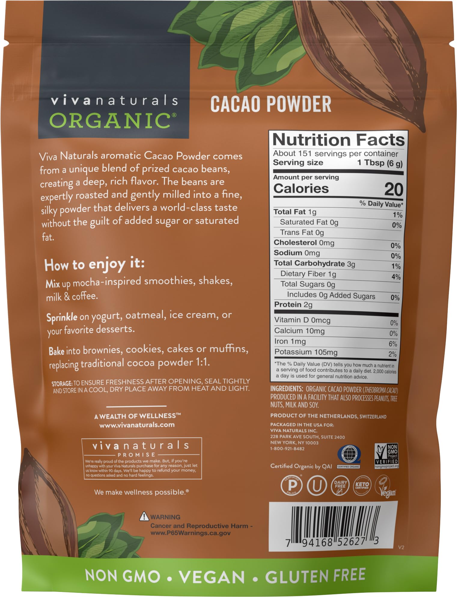 Viva Naturals Organic Cacao Powder used in baking for chocolatey cakes