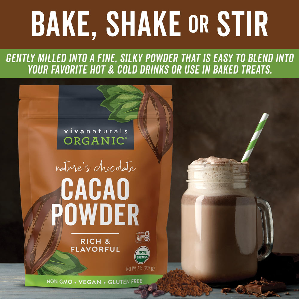 Viva Naturals cacao powder closeup highlighting fine texture for quick mixing