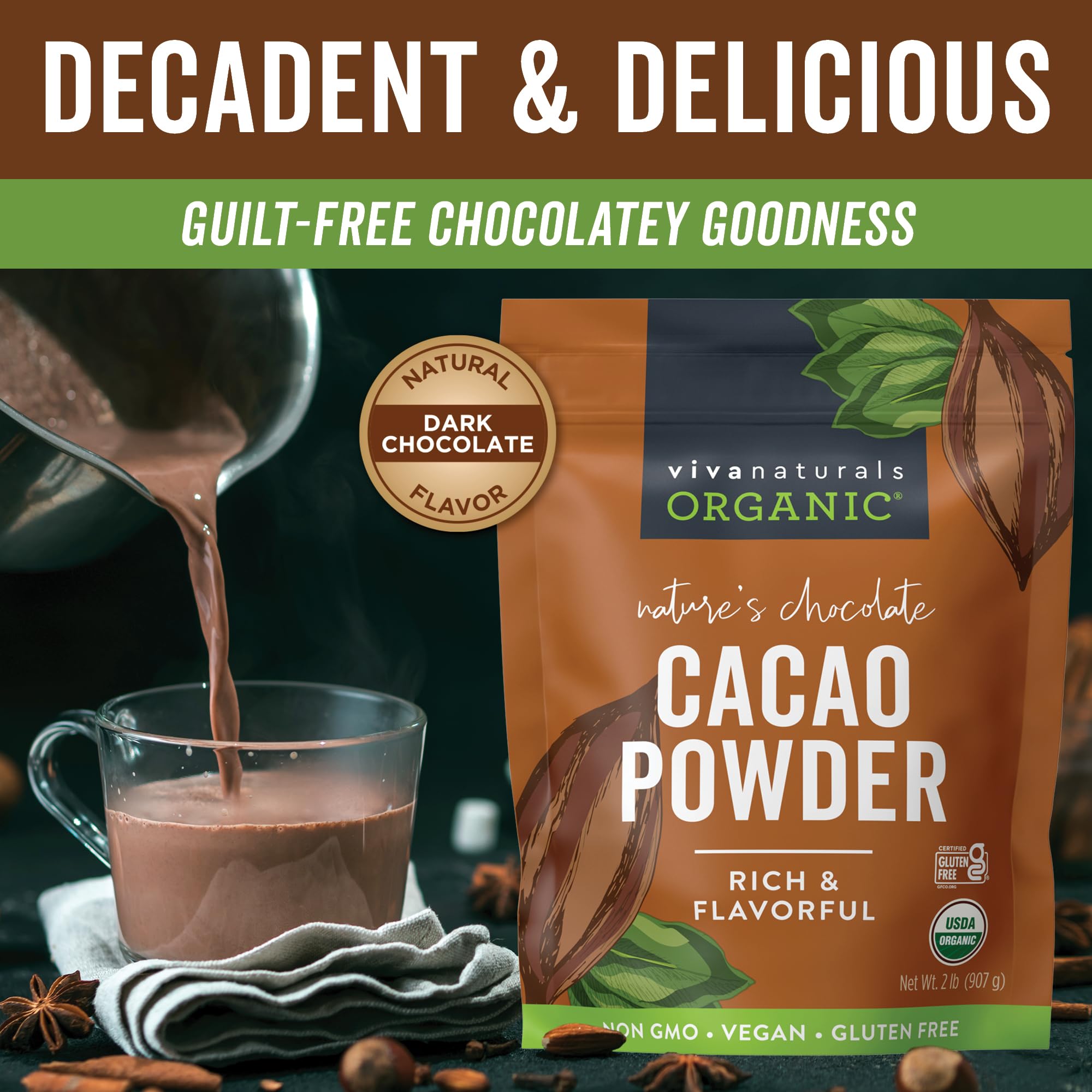 Viva Naturals cacao powder in hot chocolate cup for a comforting treat