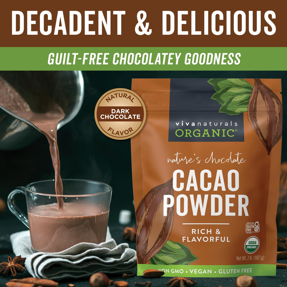 Viva Naturals cacao powder in hot chocolate cup for a comforting treat