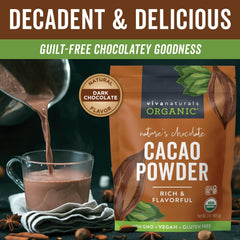 Viva Naturals cacao powder in hot chocolate cup for a comforting treat