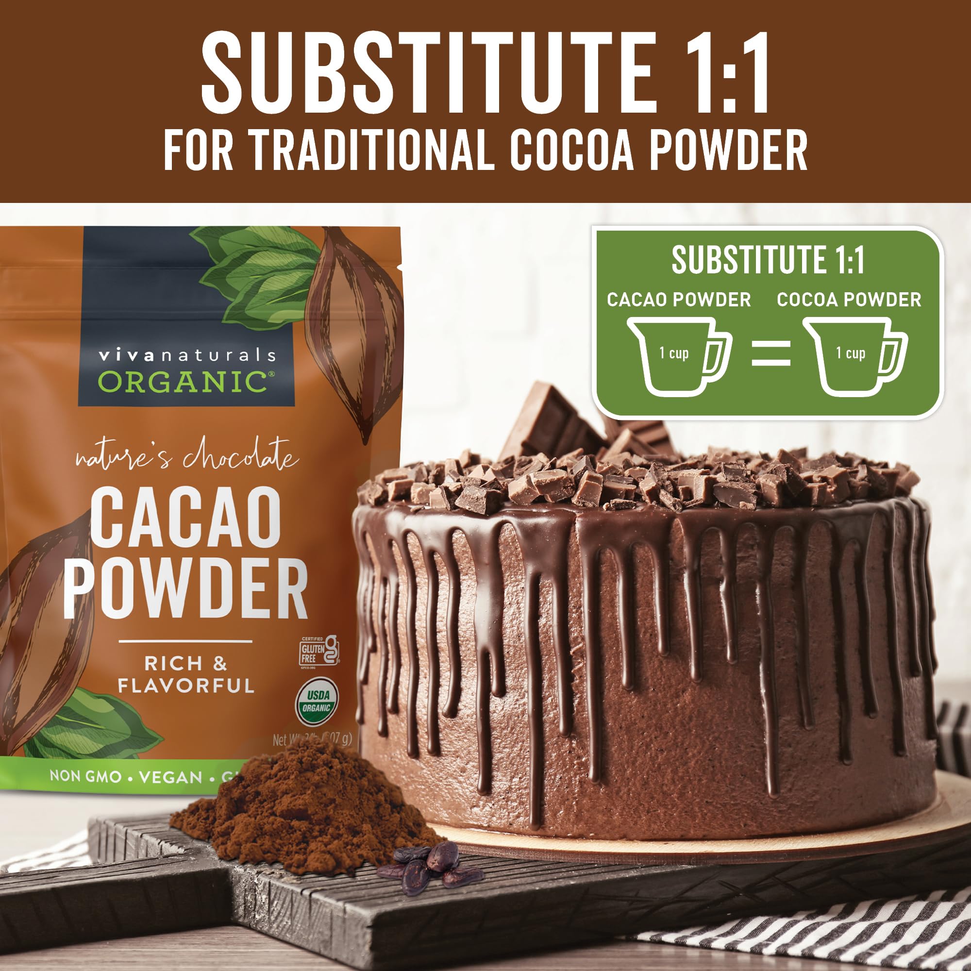 Viva Naturals cacao powder on kitchen counter with organic label