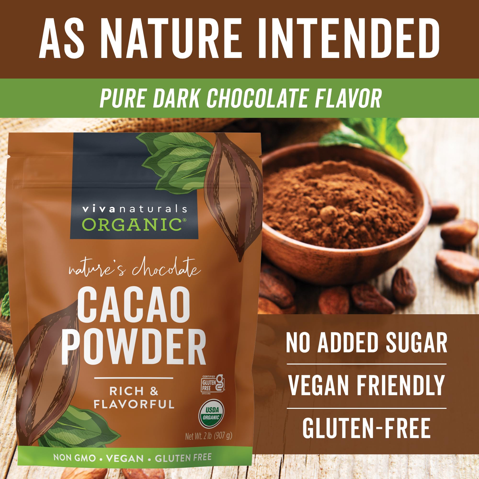 Viva Naturals cacao powder package with non-GMO and gluten-free claim