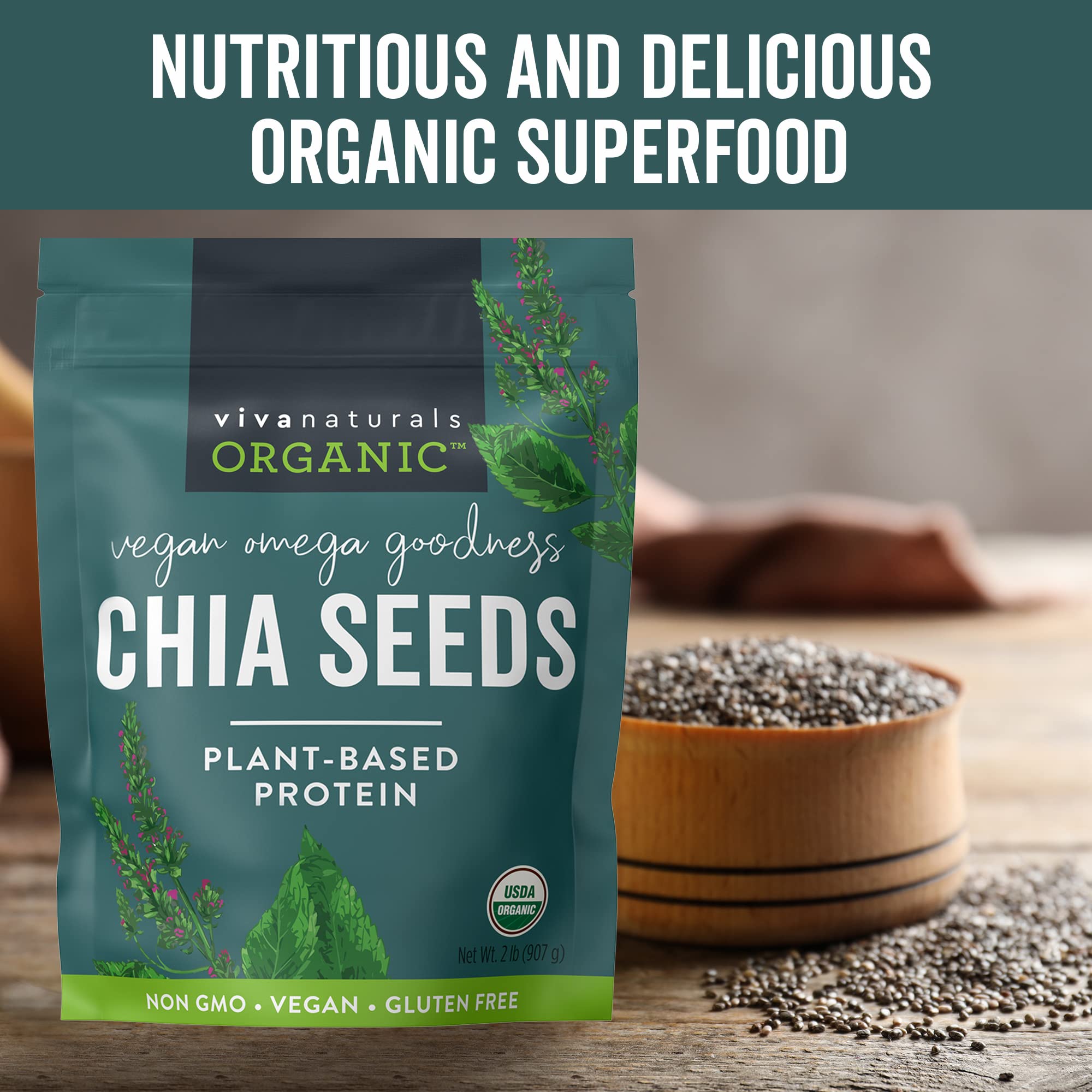 Viva Naturals chia seeds bag close-up highlighting high fiber content.