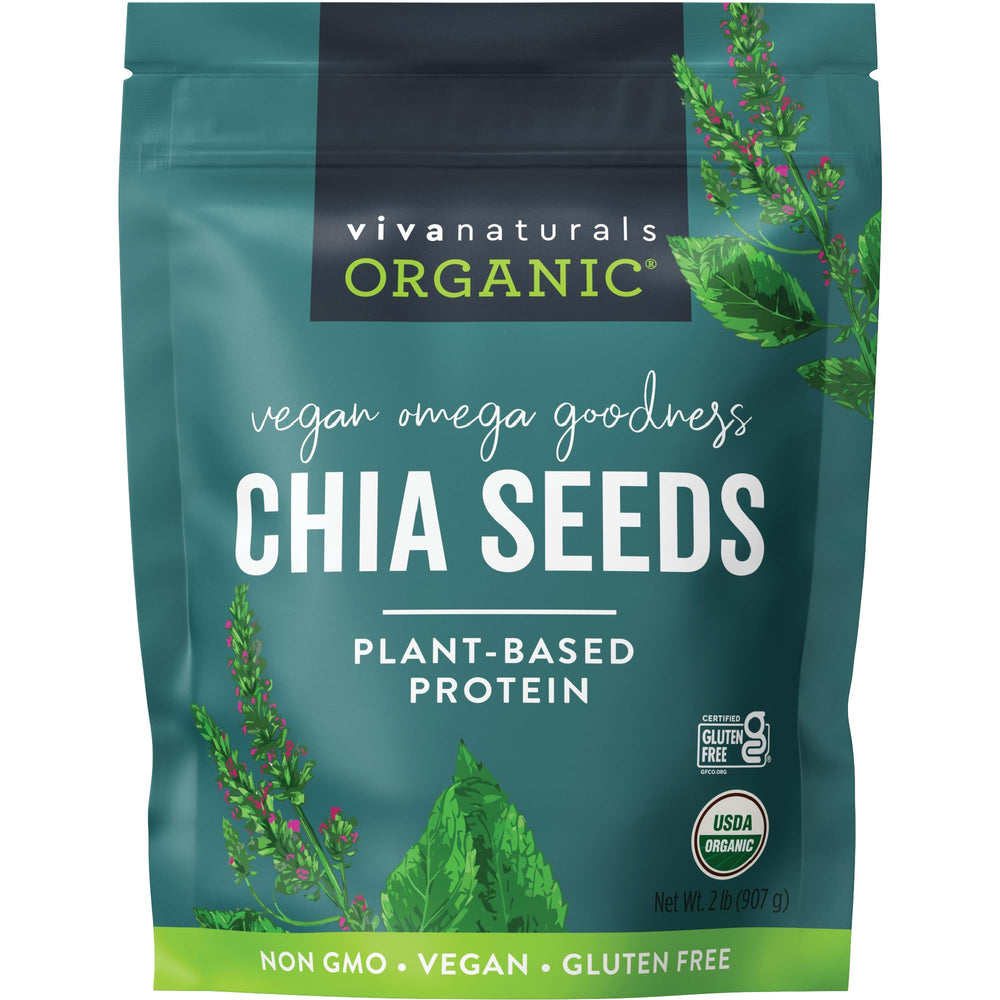 Viva Naturals Organic Chia Seeds bottle for convenient daily use in smoothies.