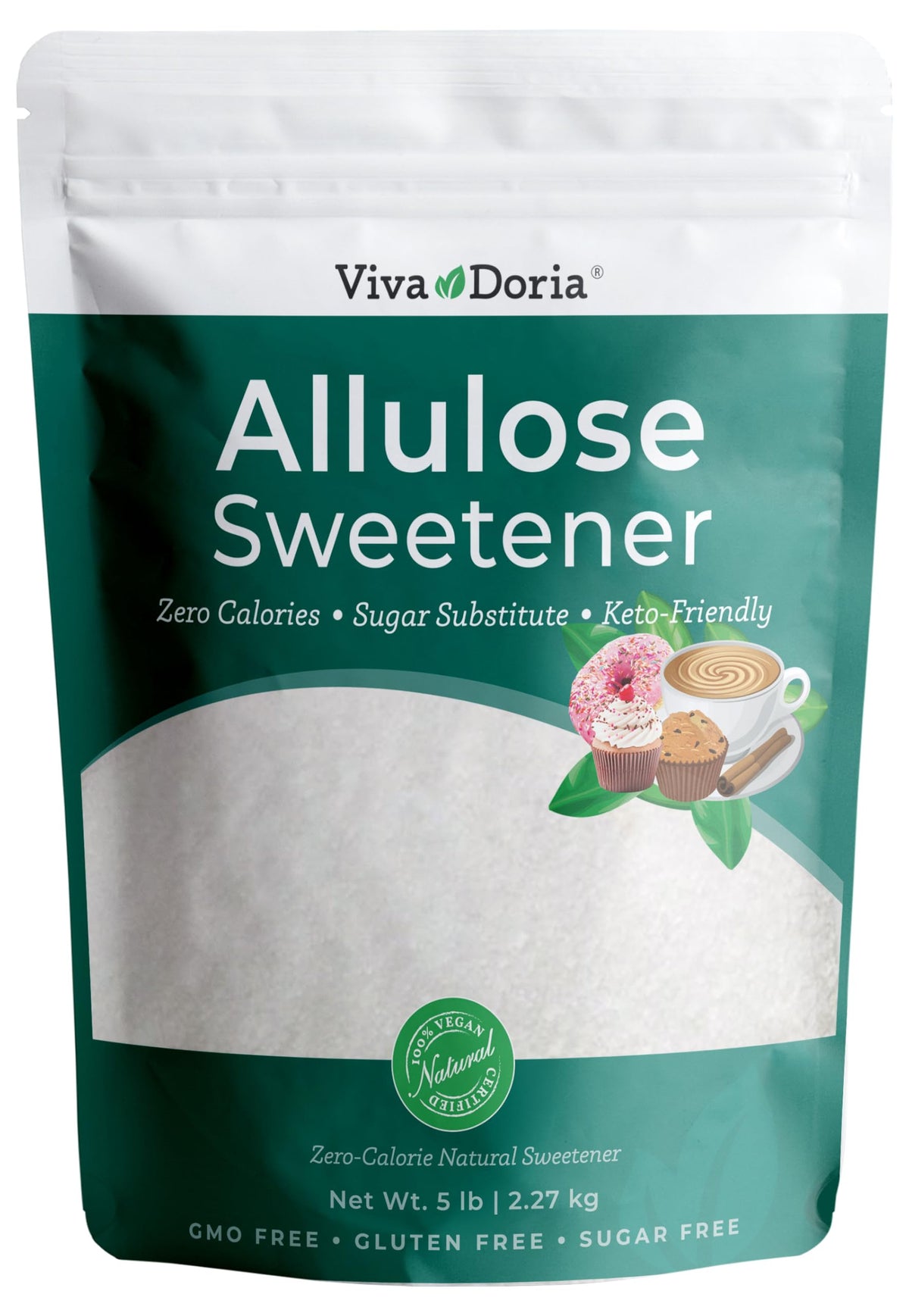 Viva Doria Allulose bottle on a kitchen counter, zero-calorie sweetener for coffee and baking