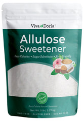 Viva Doria Allulose bottle on a kitchen counter, zero-calorie sweetener for coffee and baking