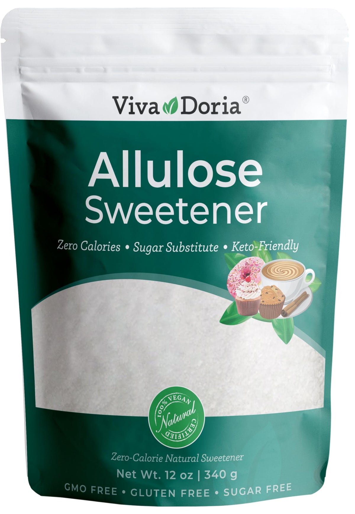 Viva Doria Allulose Sweetener bottle showing zero calorie sugar substitute for keto and baking