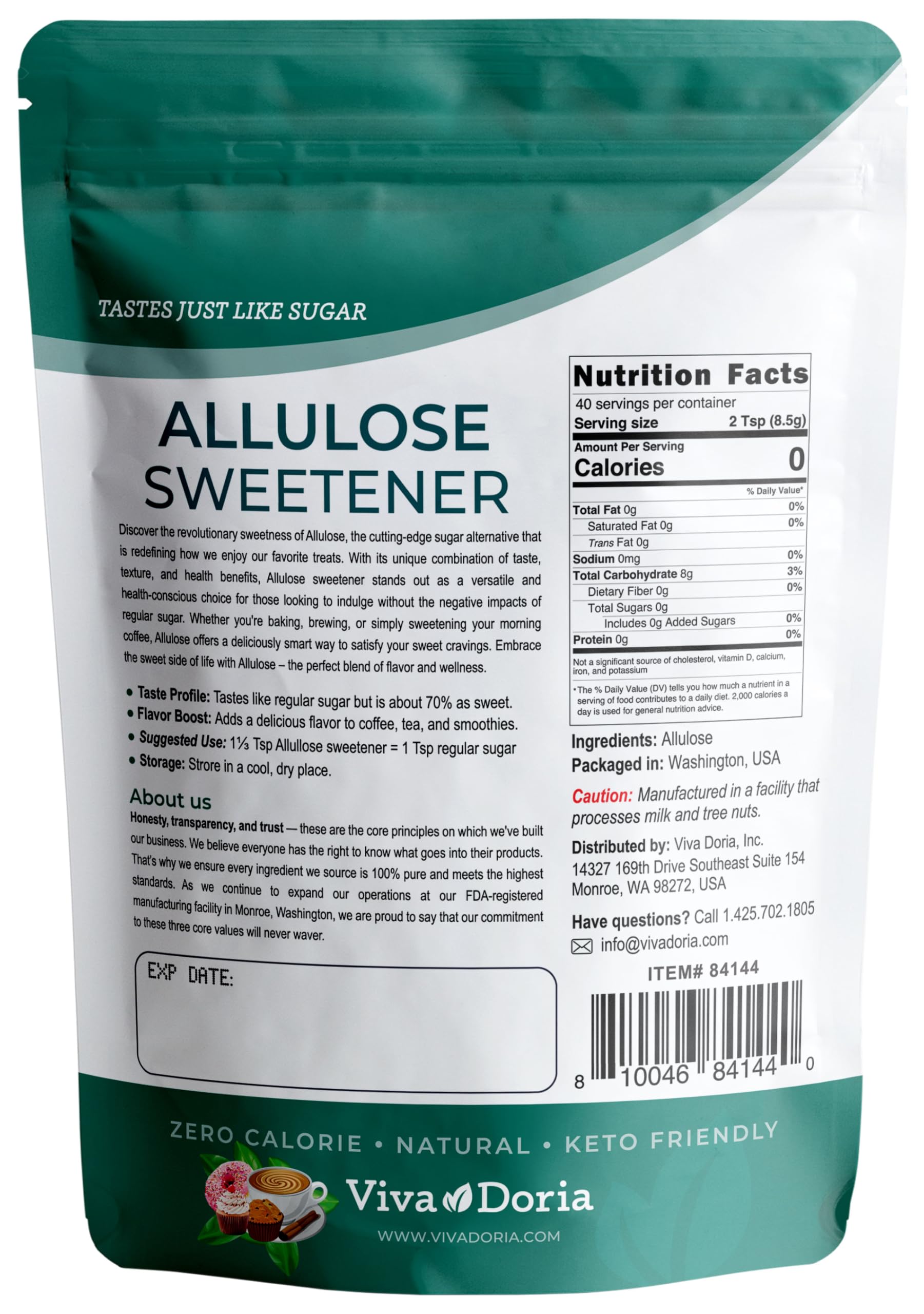 Viva Doria Allulose Sweetener in coffee enhances flavor with 70 percent sweetness of sugar