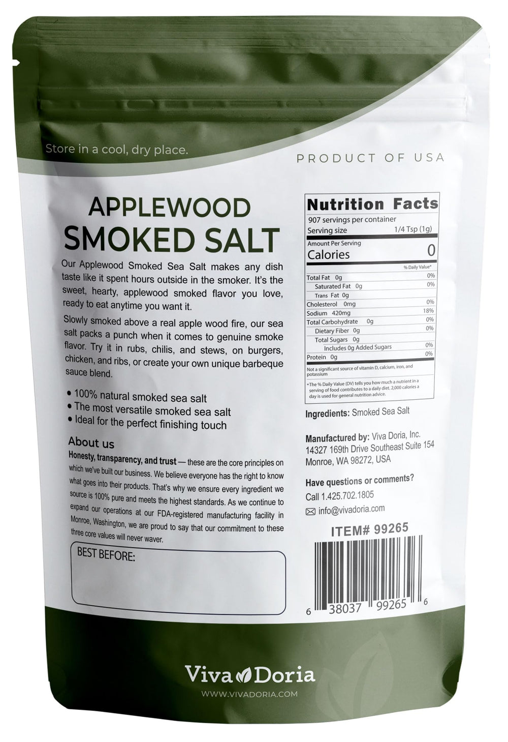 Viva Doria Applewood Smoked Sea Salt grains for even seasoning and smoky depth.