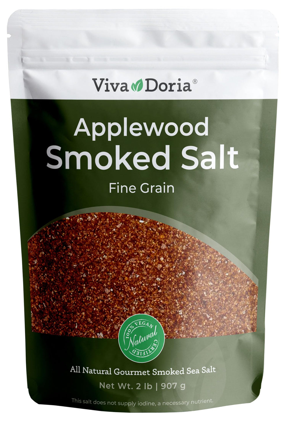 Viva Doria Applewood Smoked Sea Salt packaging with resealable pouch for freshness.