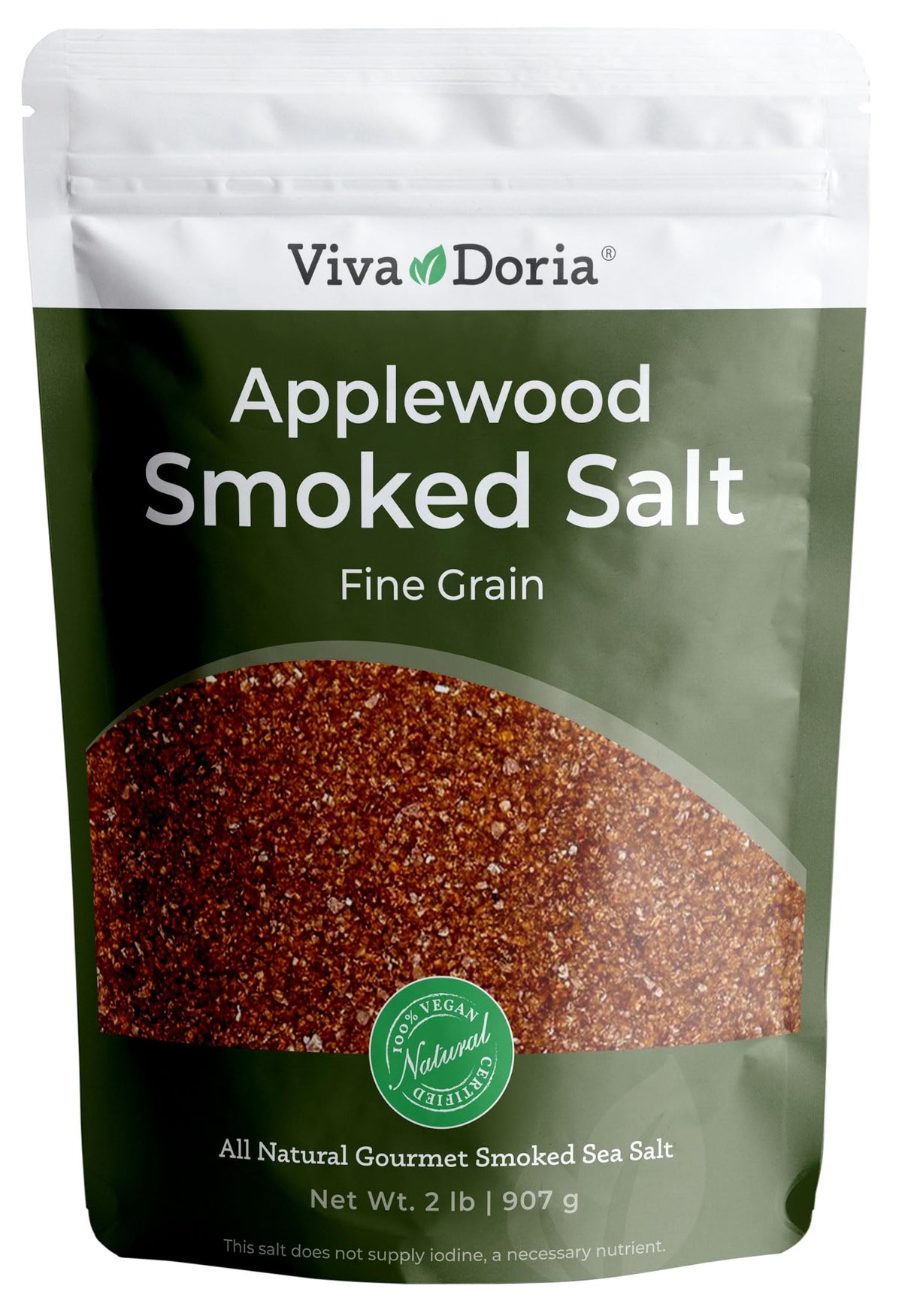 Viva Doria Applewood Smoked Sea Salt packaging with resealable pouch for freshness.