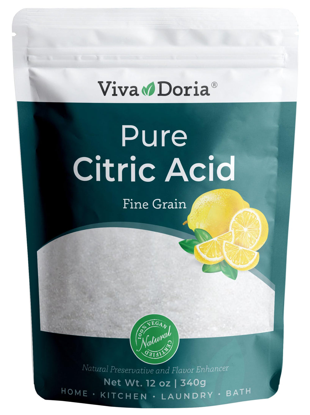Viva Doria Citric Acid: fine powder in jar for quick dissolution and tangy flavor enhancement