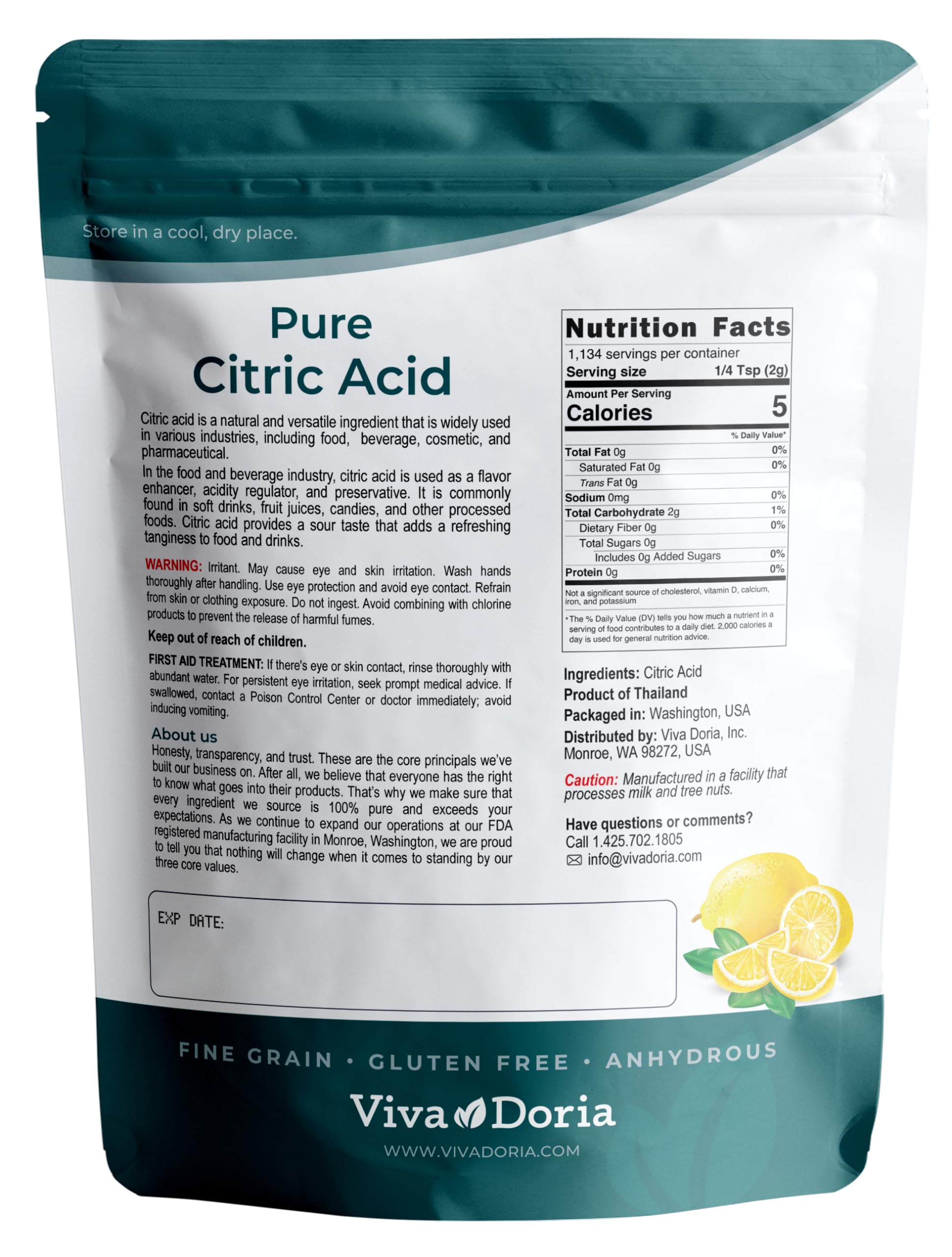 Viva Doria citric acid enhances flavor in cooking and preserving.