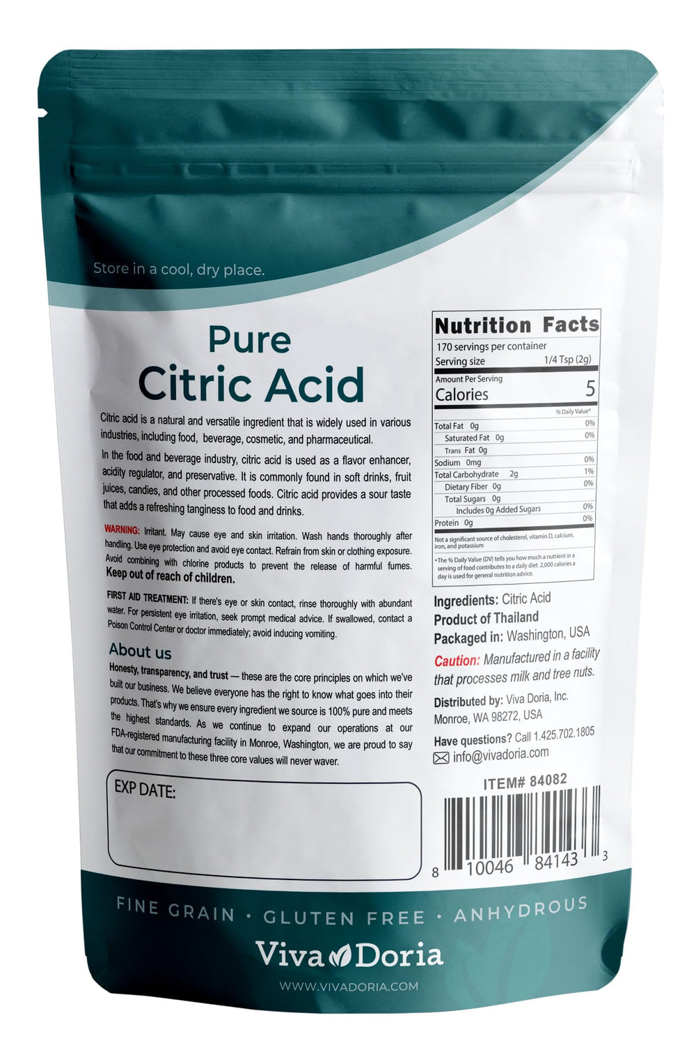 Viva Doria Citric Acid in resealable pouch for easy storage and freshness