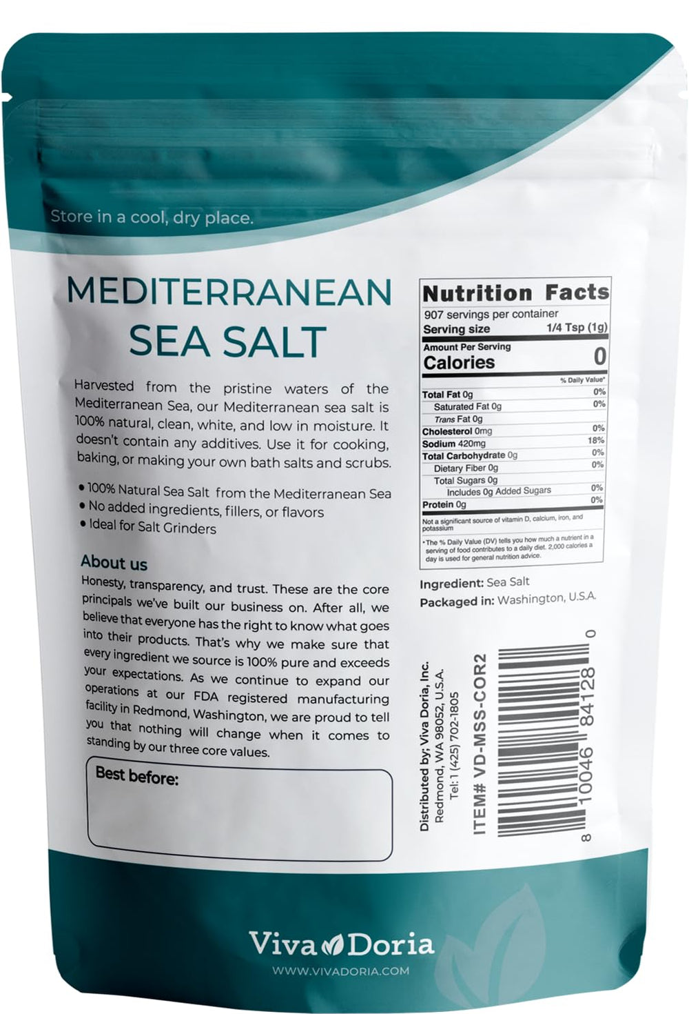 Viva Doria salt crystals on counter, ready to enhance dishes.