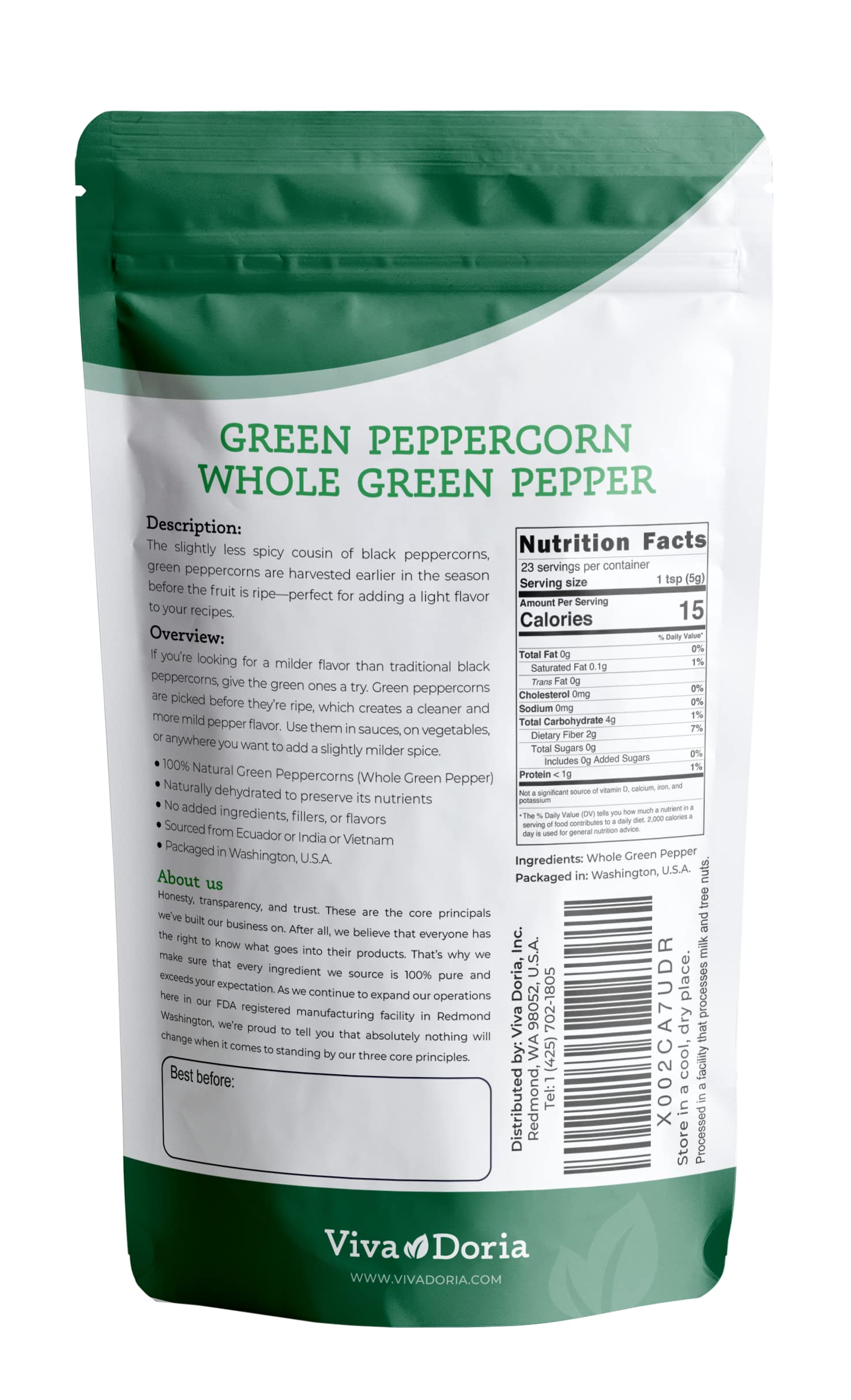 Viva Doria green peppercorns grinder refill pack shown for easy storage and use.