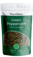 Viva Doria green peppercorns, whole and steam sterilized, ideal for grinder refills and fresh flavor.