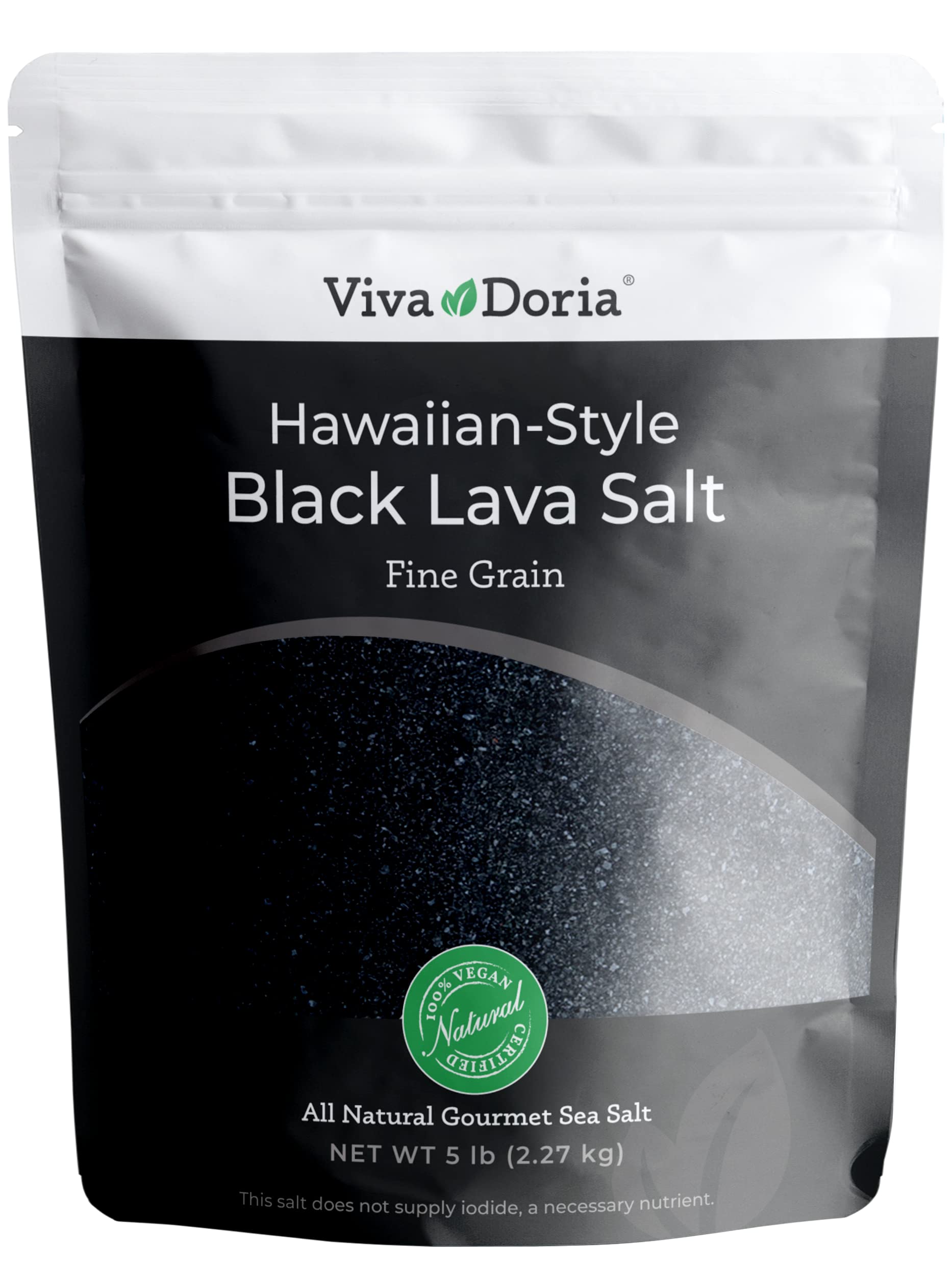 Viva Doria Hawaiian Black Lava Sea Salt bottle shows deep black crystals for dramatic plating.