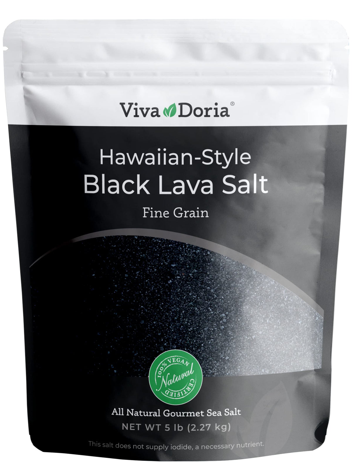 Viva Doria Hawaiian Black Lava Sea Salt bottle shows deep black crystals for dramatic plating.