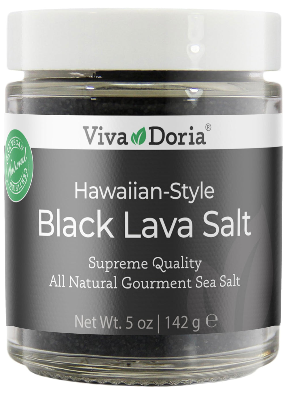Viva Doria Hawaiian black lava salt crystals with fine grains adding smoky depth