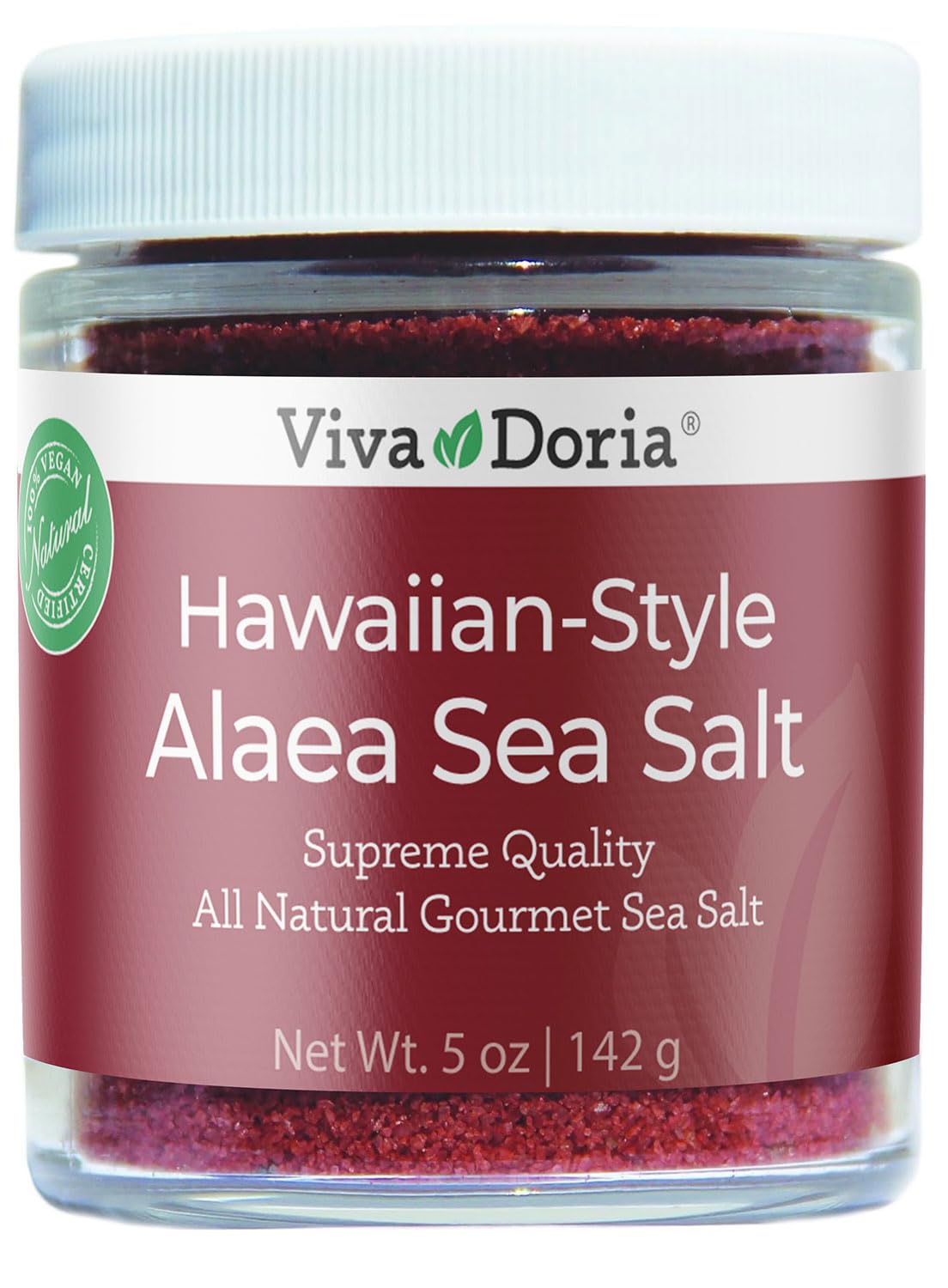 Viva Doria Hawaiian Red Alaea Salt jar shows a vibrant reddish hue for poke applications.