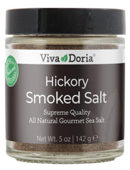 Viva Doria Hickory Smoked Sea Salt in a glass jar, premium finishing seasoning.