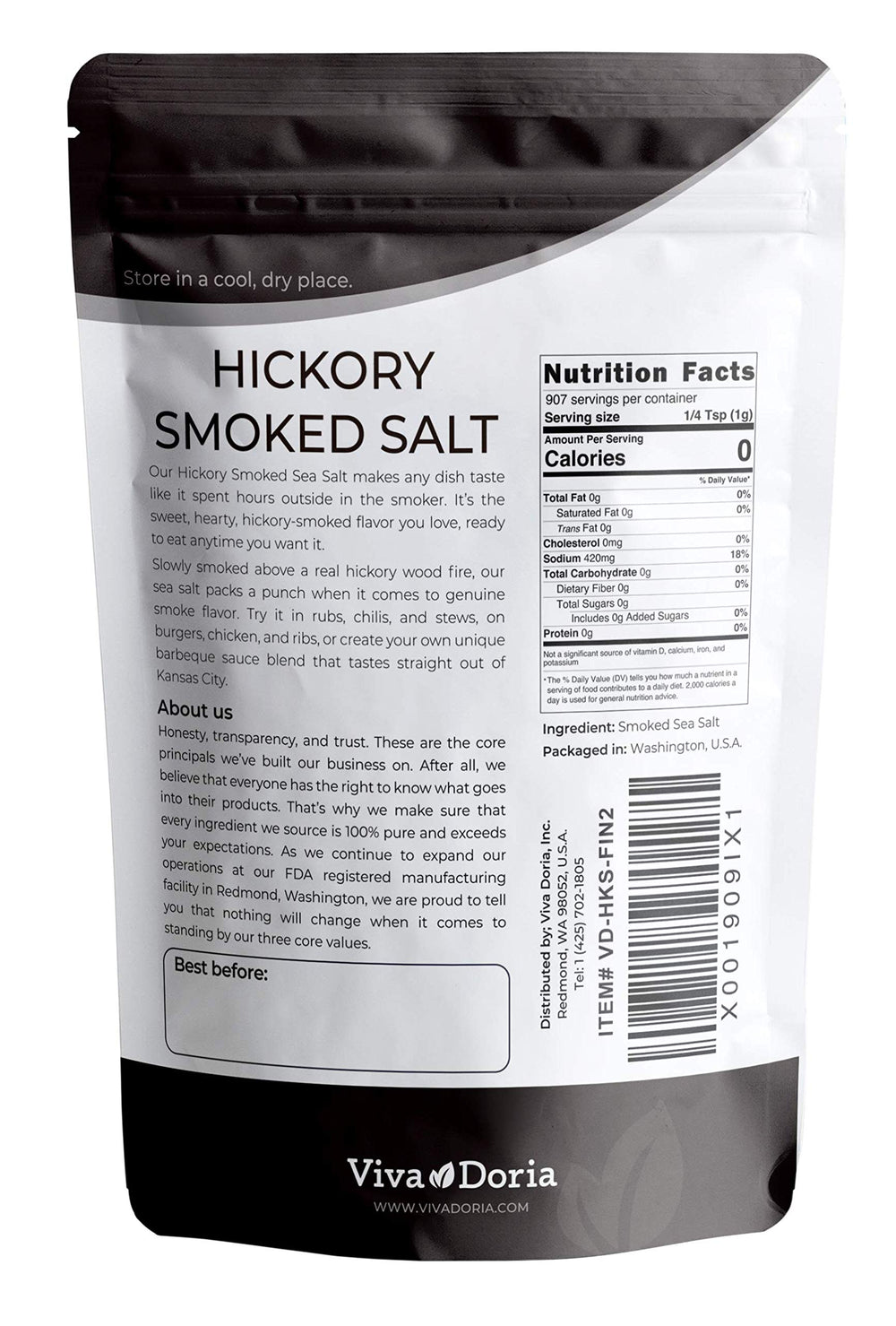 Viva Doria Hickory Smoked Sea Salt stand-up pouch on counter adds finishing aroma