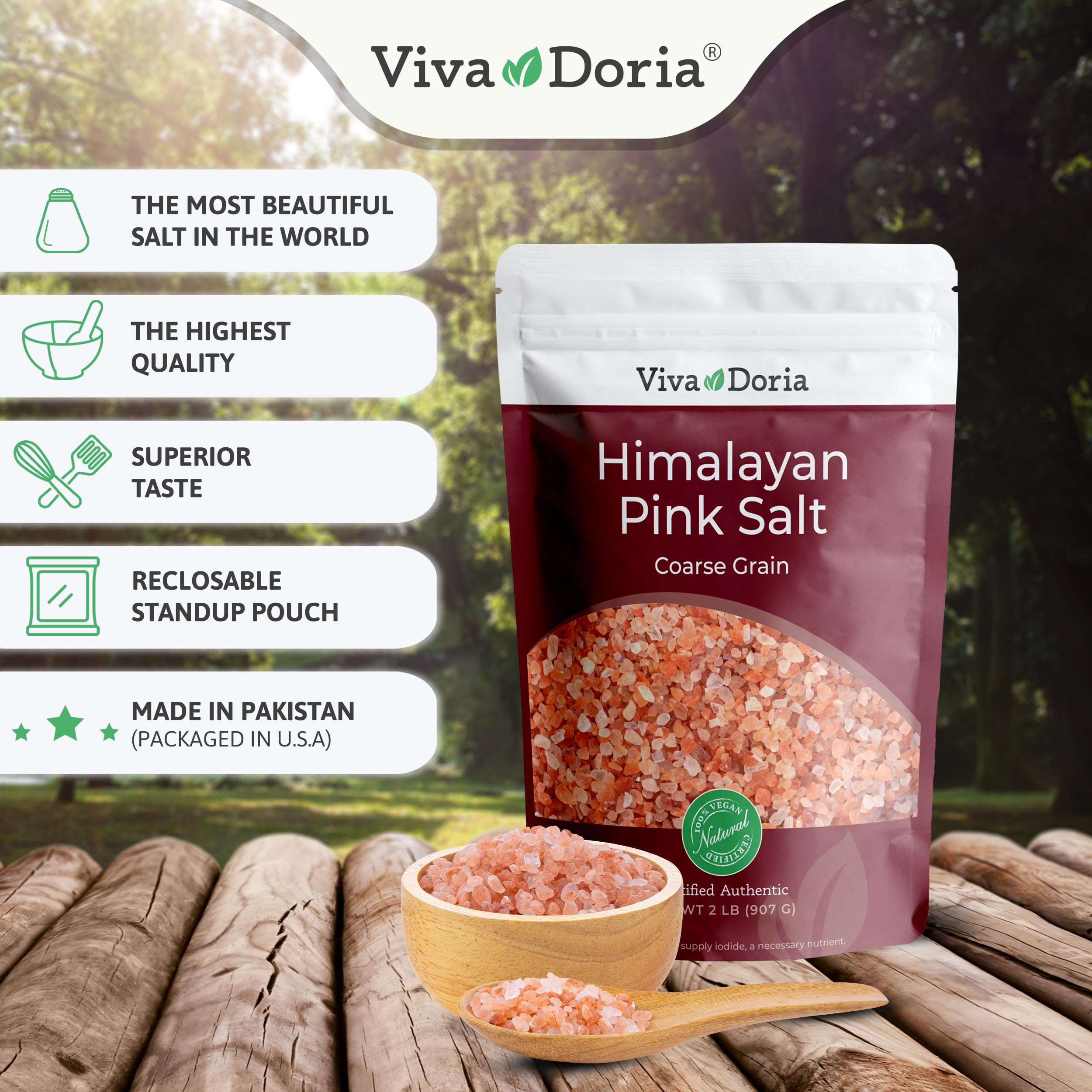 Viva Doria Himalayan Pink Salt coarse-grain crystals close-up for seasoning.