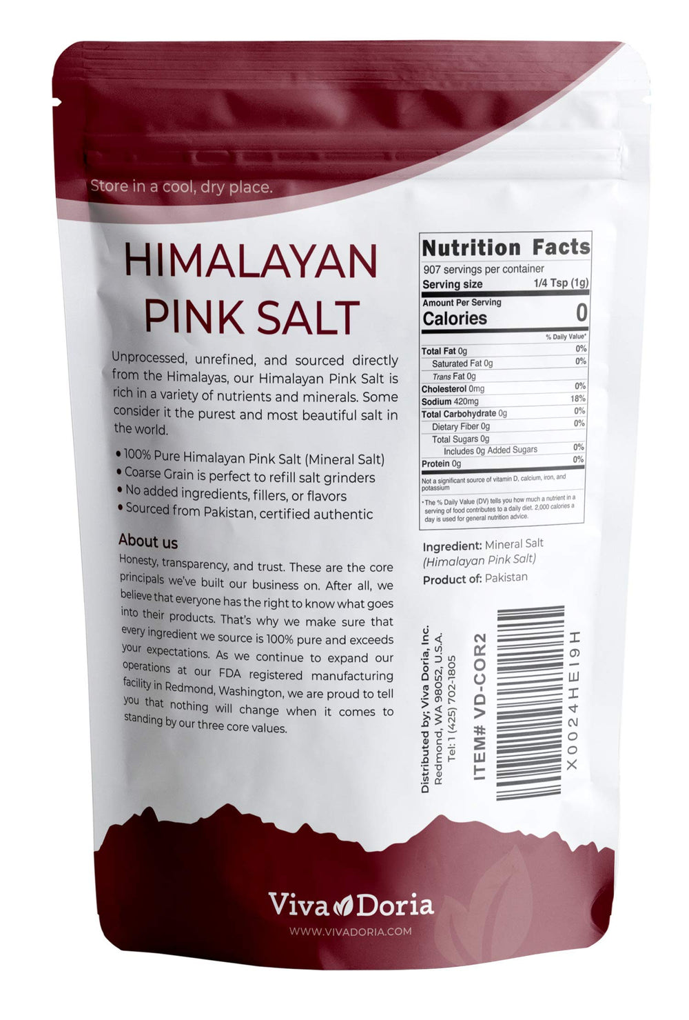 Viva Doria Himalayan pink salt grinder refill pack for convenient fresh flavor